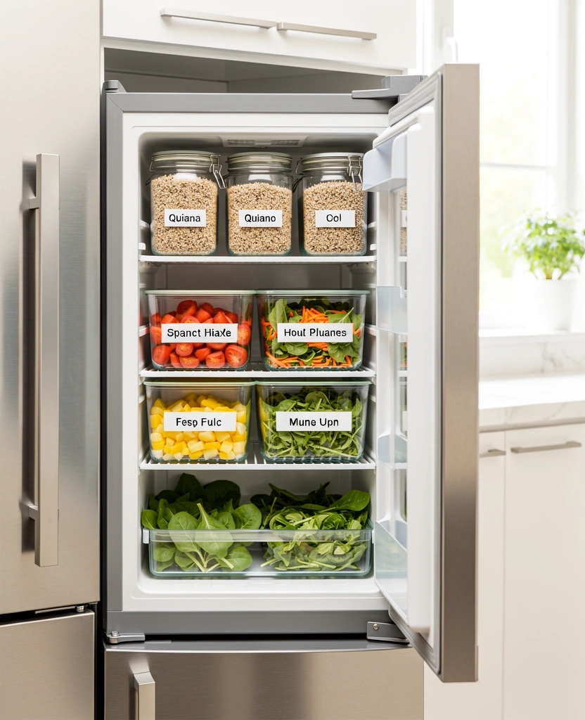 Organisierter Kühlschrank mit vorbereiteten Mahlzeiten